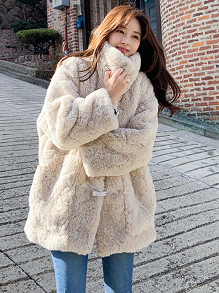 معطف فرو خروف نسائي عصري متوسط الطول مع أزرار من فرو الأرنب المخملي للخريف والشتاء معطف طويل Sve بياقة واقفة... #4