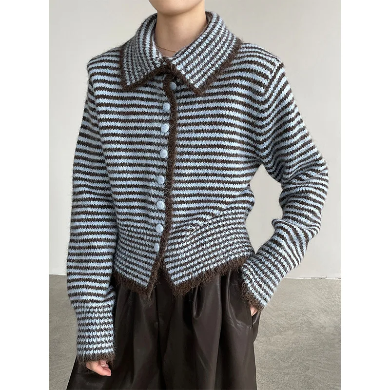 

Color-block Striped Large Lapel Knitted Cardigan Autumn Winter Sweater Coat