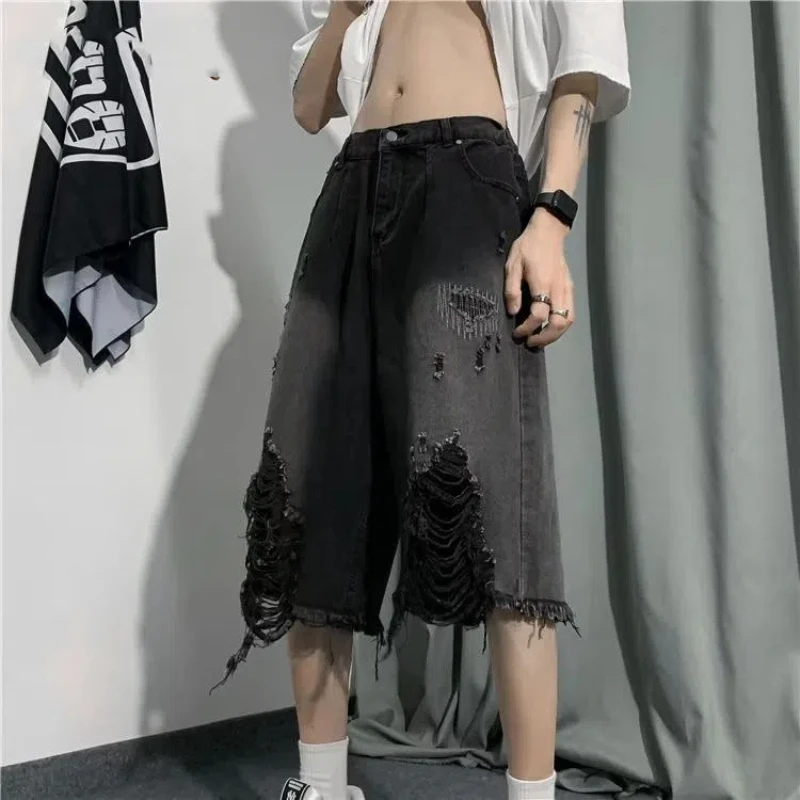 Men's New Style Spliced button Zipper Retro Five-point Wide-leg Ripped Denim Shorts
