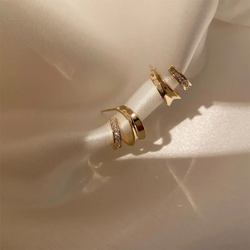 ANENJERY الذهب اللون طبقة مزدوجة C-شكل الزركون وأقراط للنساء الفرنسية مزاجه بسيط سيدة مجوهرات هدايا بالجملة #3