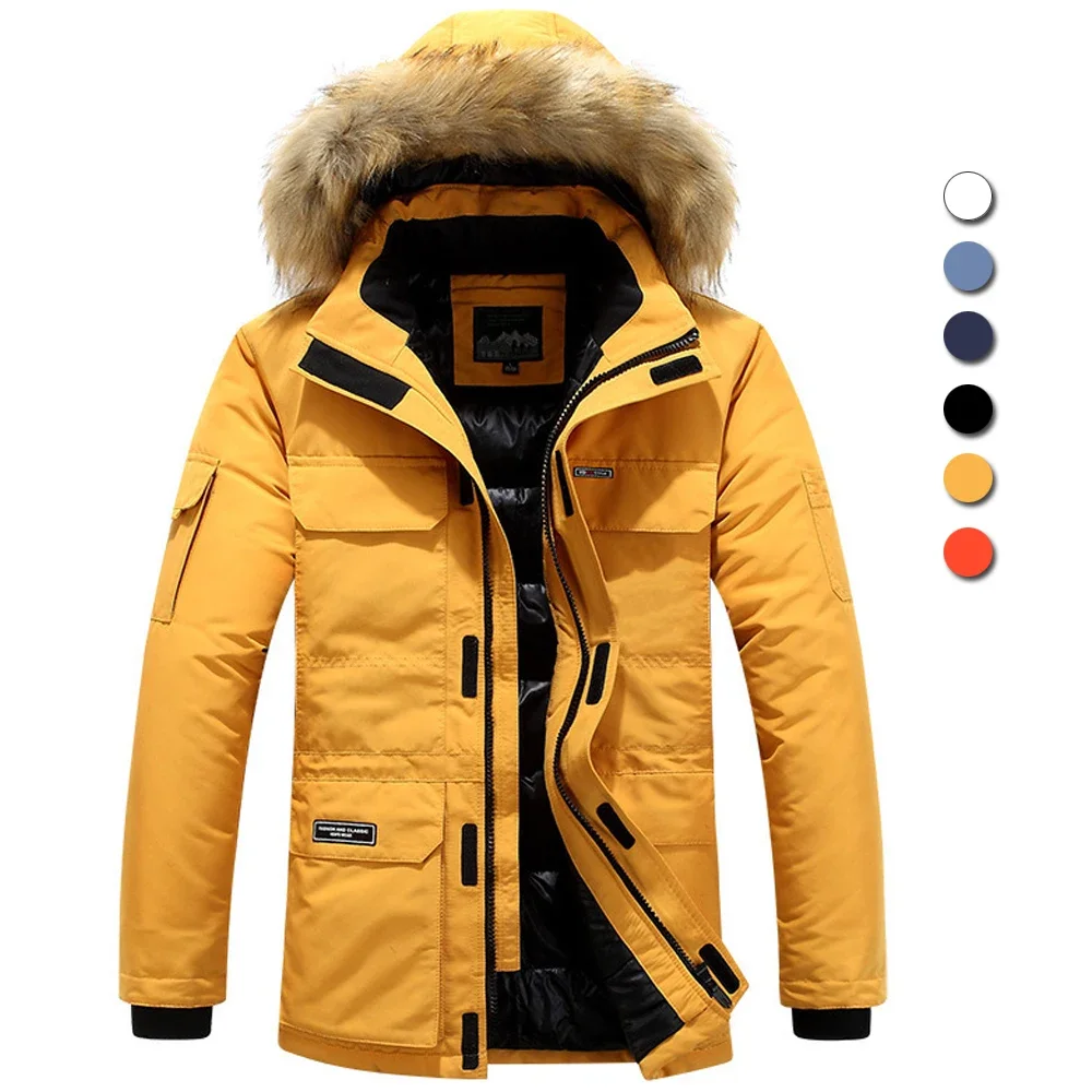 Parkas à capuche en fourrure d'hiver pour hommes, veste de neige en duvet de canard, coupe-vent, combinée, résistante à 30, garde au chaud, extérieur, sourire