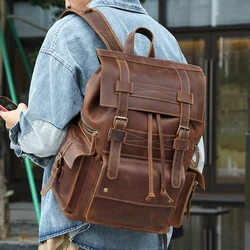 Crazy Horse Large Capacity Backpack Men's 17 inch Computer Bag Genuine Leather Male Leisure Travel Backpack
