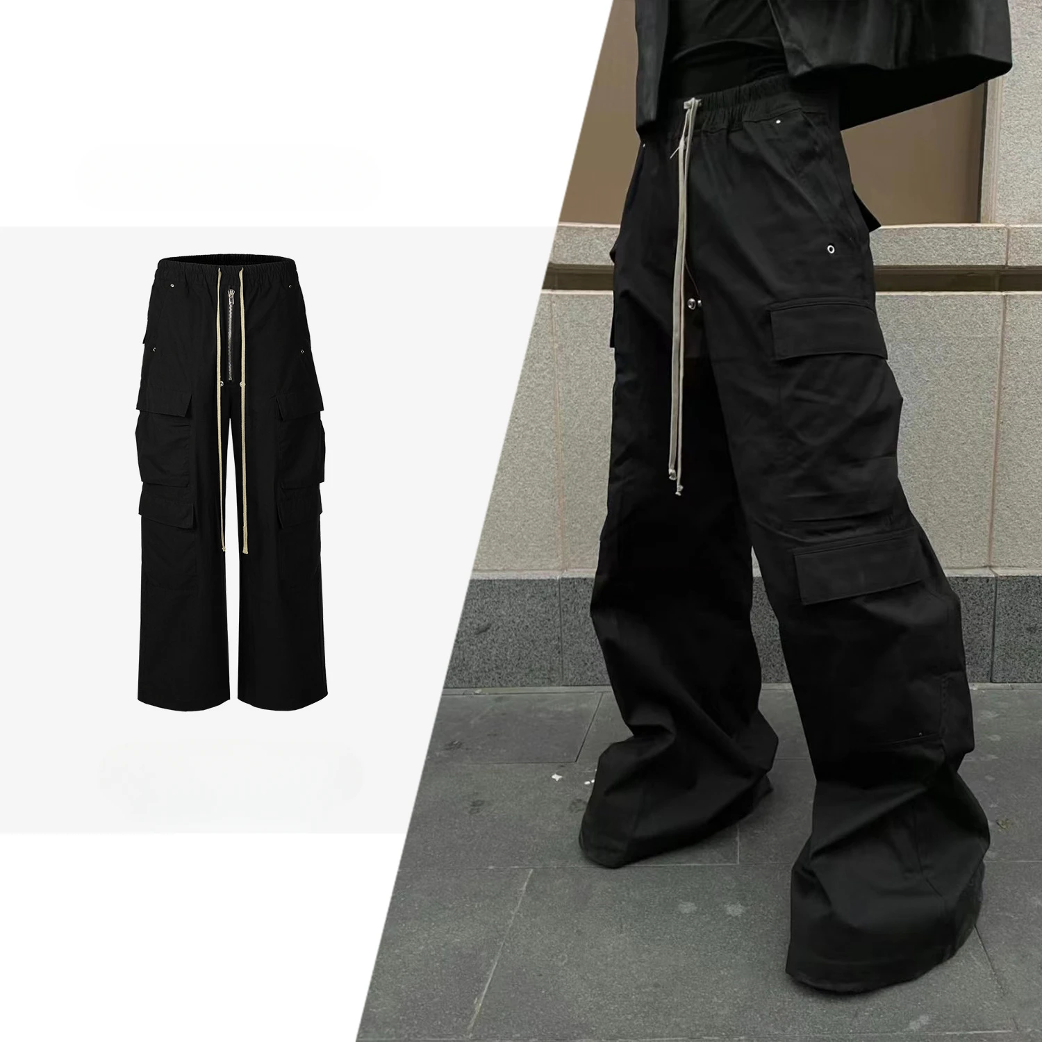2025 Spring New Black Cargo Pants Men Summer American Multi Pocket Baggy Wide Leg Casual Pants for Men Y2k Hip Hop Streetwear