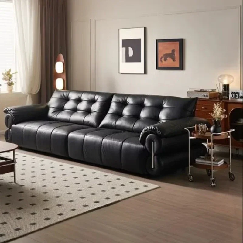 Living Room Straight Row Black Leather Sofa Sectionals Couch Medieval Style Big Black Cow Retro Style First-layer Cowhide Sofa