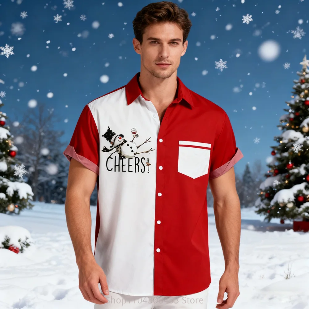 New Men's Christmas Element Short-sleeved Shirt Santa Claus New Year Cartoon 3D Digital Printing Shirt Spring and Autumn Men's