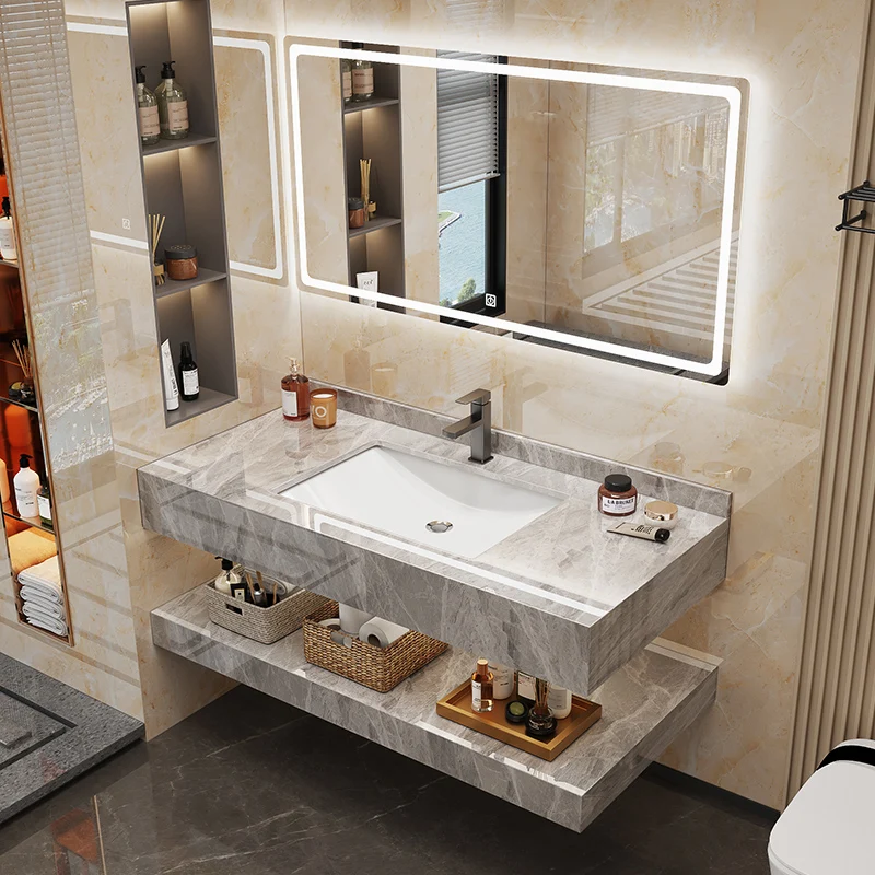 Hotel simple glossy rock slab washbasin toilet waterproof bathroom cabinet combination washbasin full set