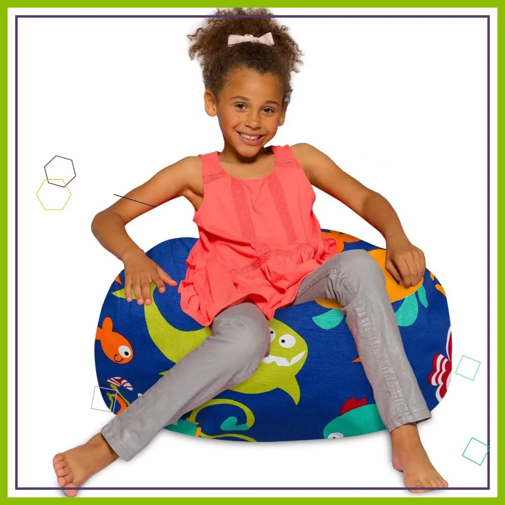 Medium Bean Bag Chair, 27in Canvas Sea Creatures on Blue, Soft Washable Cover for Kids and Adults