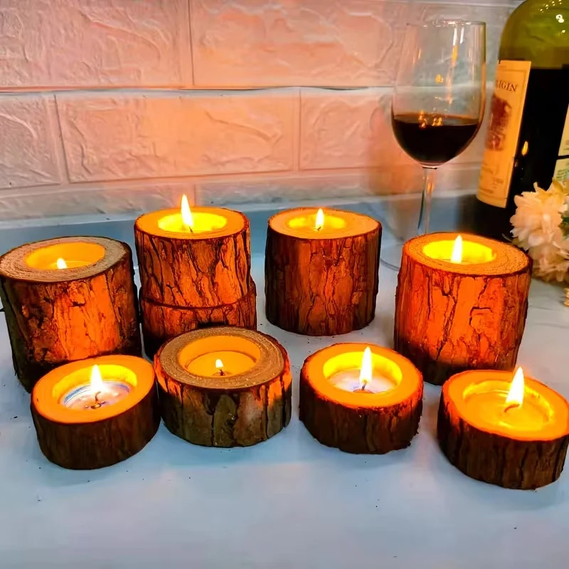 3pcs Nordic Style Wooden Candlestick Base For Bedroom, Room Candle Decoration, Home Use, Tree Stump Candlestick Ornament
