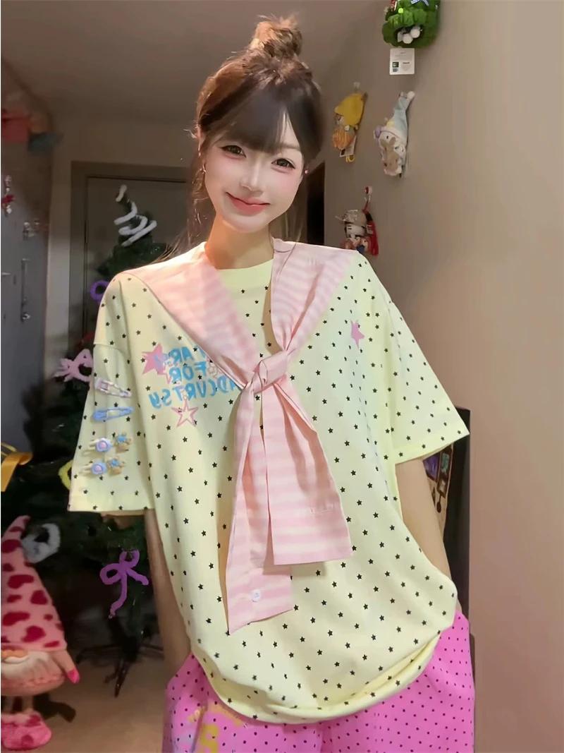 Dopamine Checkered Short Sleeve T-Shirt Women Summer Loose Casual Design College Style Half Sleeve Top Soft Comfortable Cotton