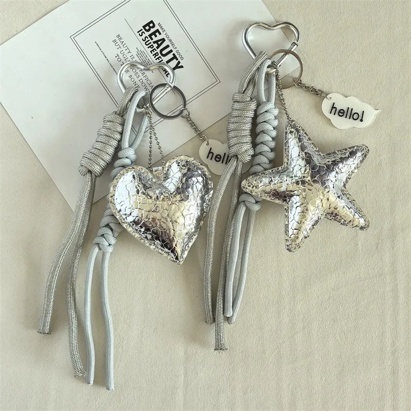 Sweet INS Korean Fashion Style Braided Keychain Lanyard with Heart Star Charm Cute Leather Keyring for Handbags Keys Holder