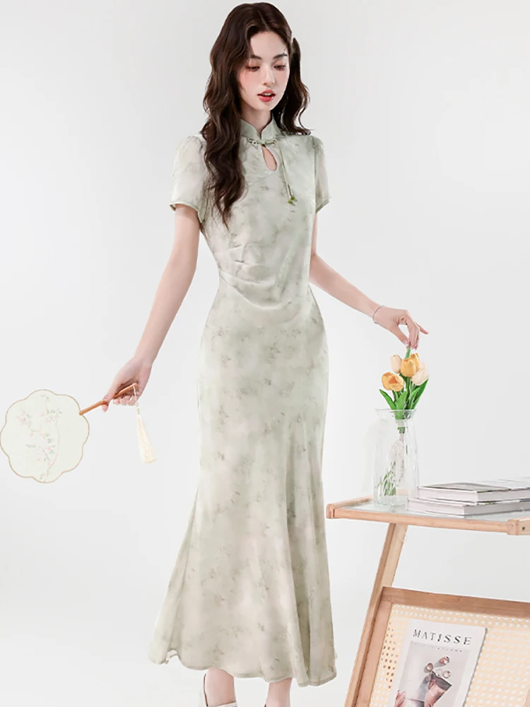 Zomer Groene Print Stand Kraag Cheongsam Jurk Vrouwen Elegante Luxe Verstoorde Maxi Jurk 2025, Koreaanse Vintage Bodycon Feestjurk