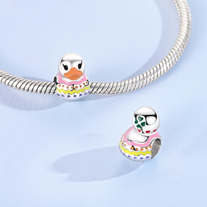 

New 925 Sterling Silver Painted Duck Pattern Charms Beads For Women Fit Original Bracelet DIY Birthday Party Jewelry Gifts