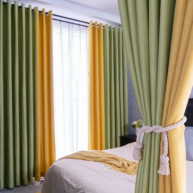 Ins Color Blocking Living Room Blackout Thermal Insulation Curtains Bedroom Decorative Sunshade Cloth 2pc High-end Office Drapes