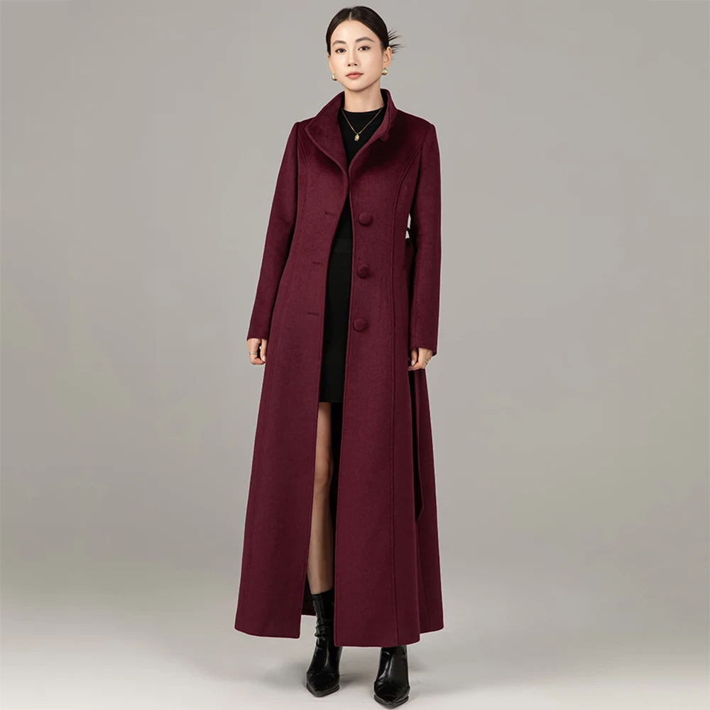 

Новое женское элегантное бордовое шерстяное пальто, осеннее модное однобортное шерстяное пальто с воротником-стойкой и тонкой талией, повседневное женское пальто