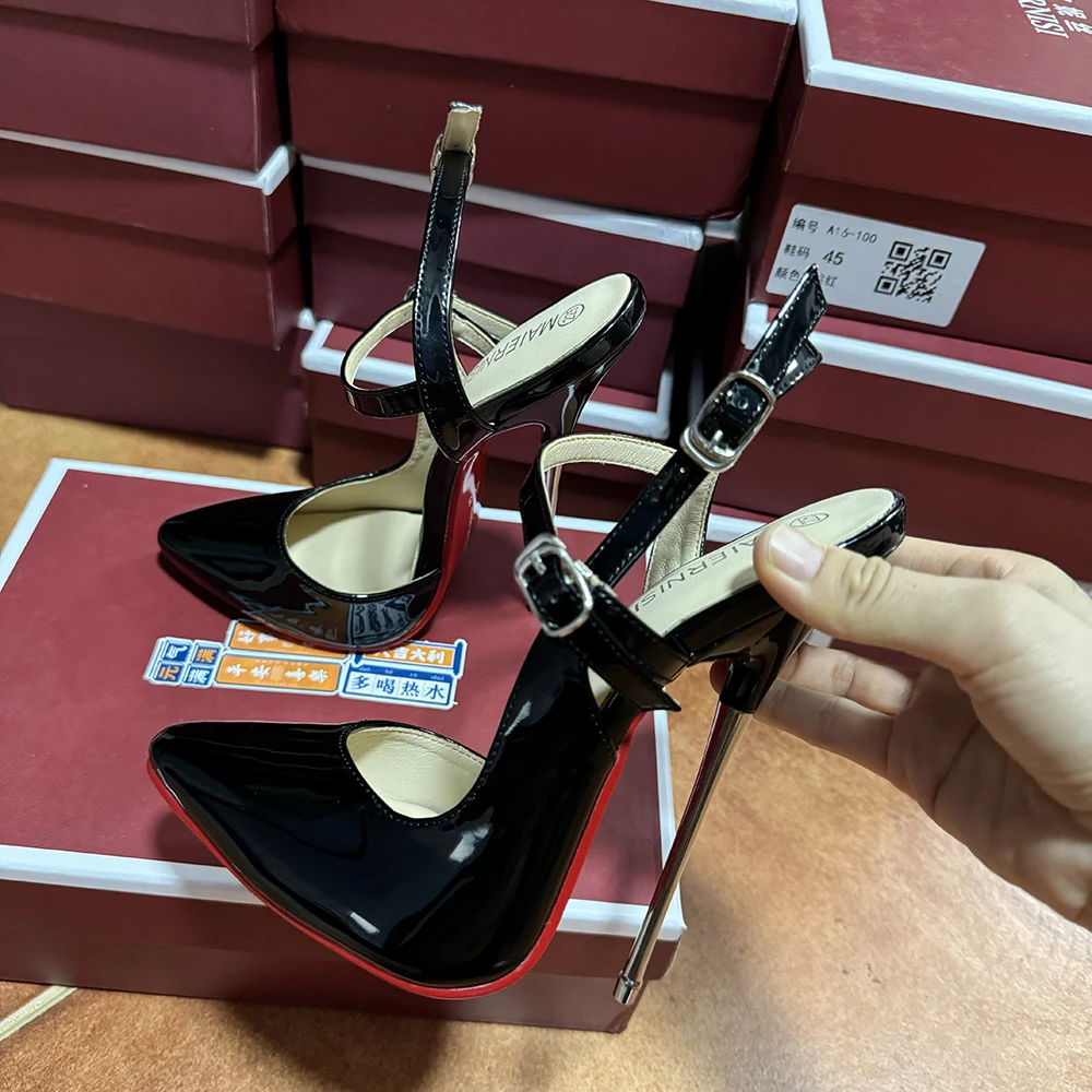 Customiz 16cm Extreme Metal High Heels Stilettos Sexy Women Solid Black Pumps Ankle Strap Party Unisex Man Shoes Crossdresser