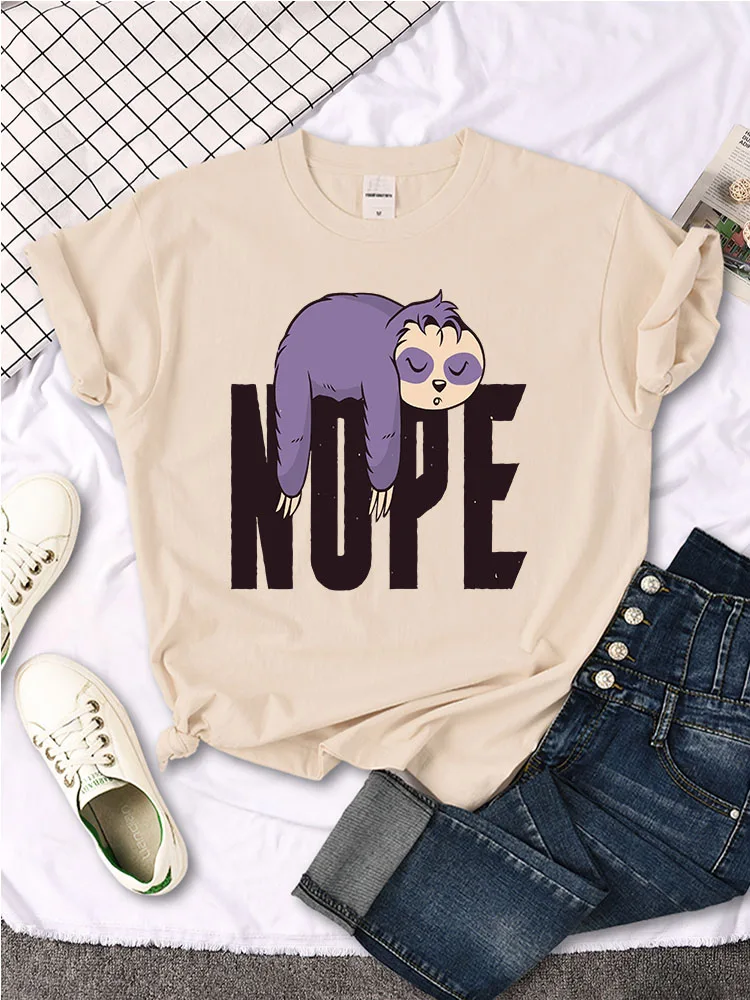 Females T-Shirt Sleeping Purple Sloth Nope Print T-Shirts Womans O-Neck Sports Oversize Clothes Slim Kawaii Animal Ladies Shirts