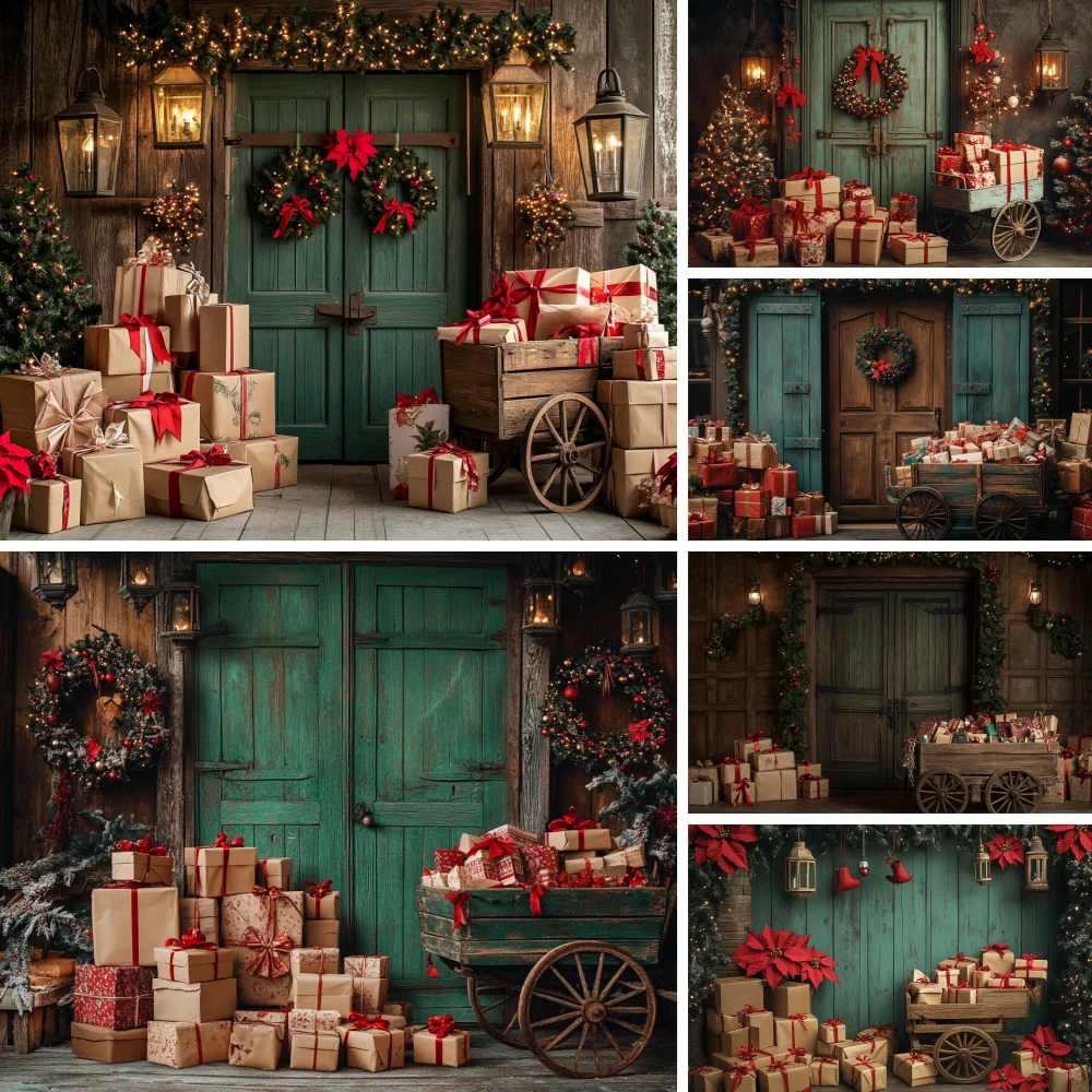

Christmas Photography Backdrop Xmas Tree Wooden Door Wreath Gift Kids Family Portrait Backgrounds Decorations New Year Photozone