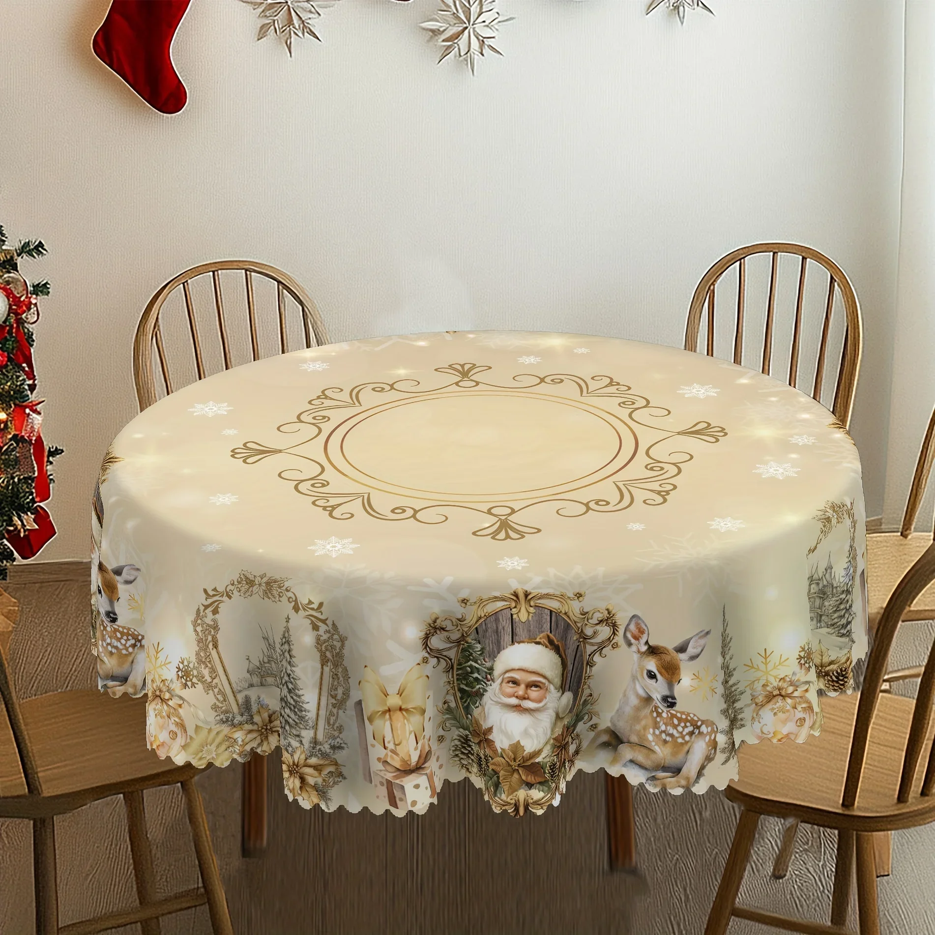 Retro Santa Claus and Reindeer Christmas Tablecloth - Gold color, embossed edgeszyc
