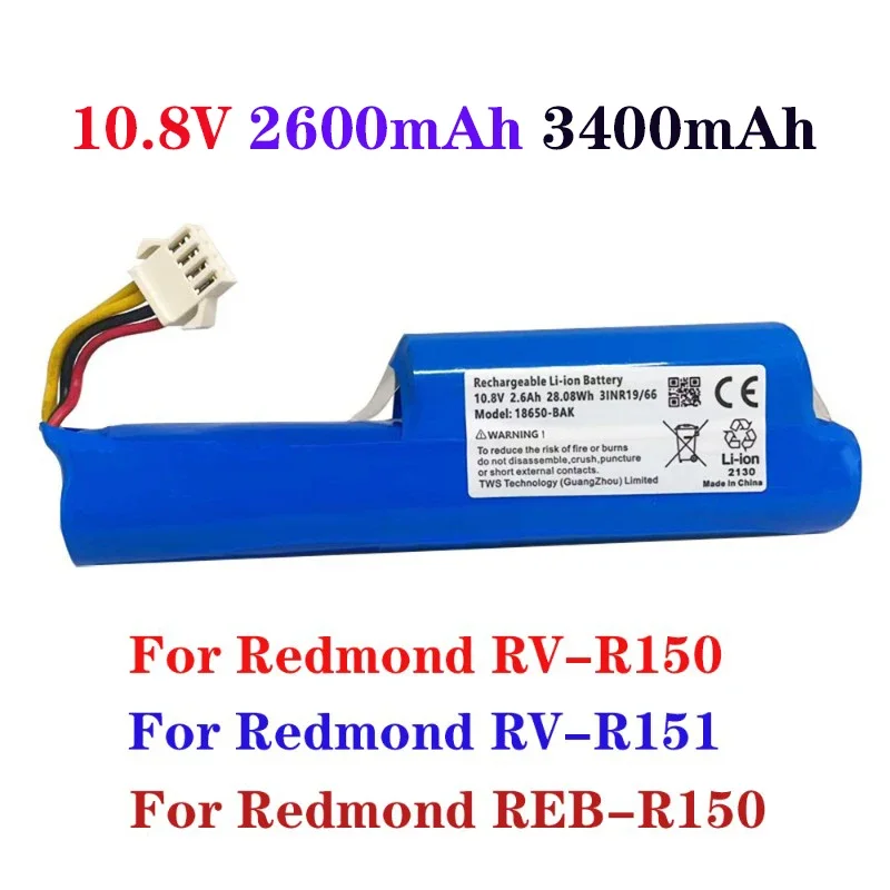 10.8V 2600mAh 3400mAh Rechargeable Battery for Redmond RV-R150, Redmond RV-R151, Redmond REB-R150 Robotic Vacuum Cleaner 11.1V