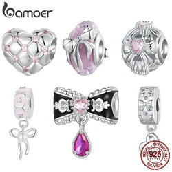 Bamoer Original 925 Sterling Silver Witch Knot Pendant Bow Charm Pink Love Beads DIY For Women Party Daily Gift Fine Jewlery