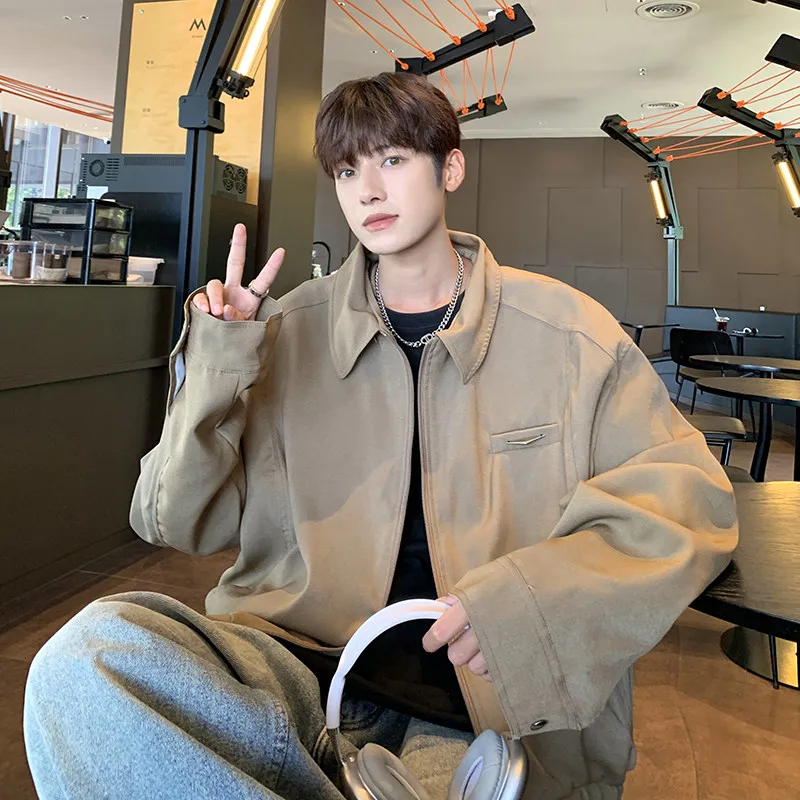 

Khaki American Retro Jaet Men's High Street Vintage Pad oulder Advanced Sense Silhouette Zipper Coat Faion Urban Sle