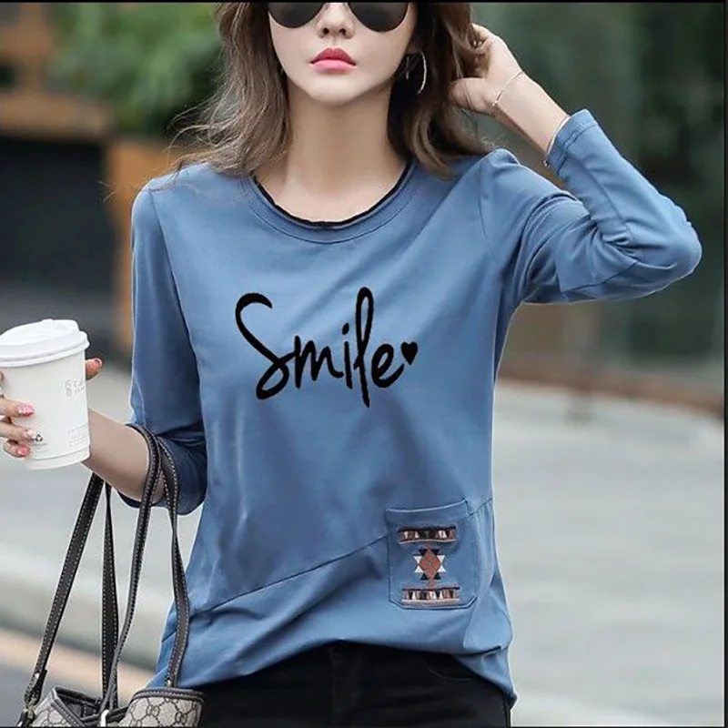 Fashion Printed Spliced Pockets Letter Casual Tee Shirt Female Clothing 2023 Autumn Winter Korean Pullovers All-match T-Shirts