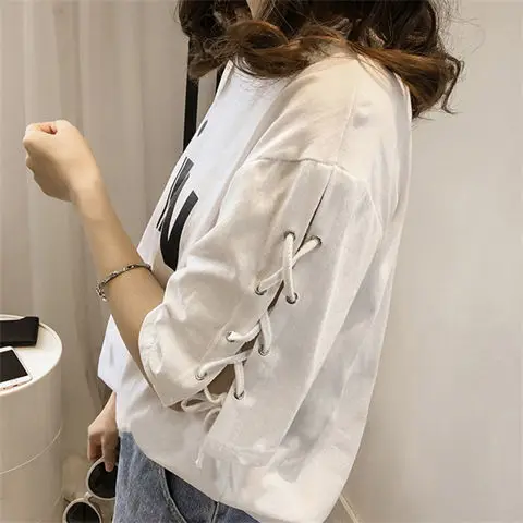 Tops Clothes T Shirt Casual Korean Short Sleeve Fashion Women\'s T-shirt Summer Aesthetic Lace Loose Aesthetic Pulovers Graphic