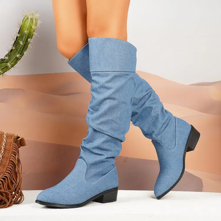 2026 Autumn / Winter Versatile Oversized Pointed Suede Pleated Women's Boots, High Boots, Women's Middle Heel Fashion Boots
