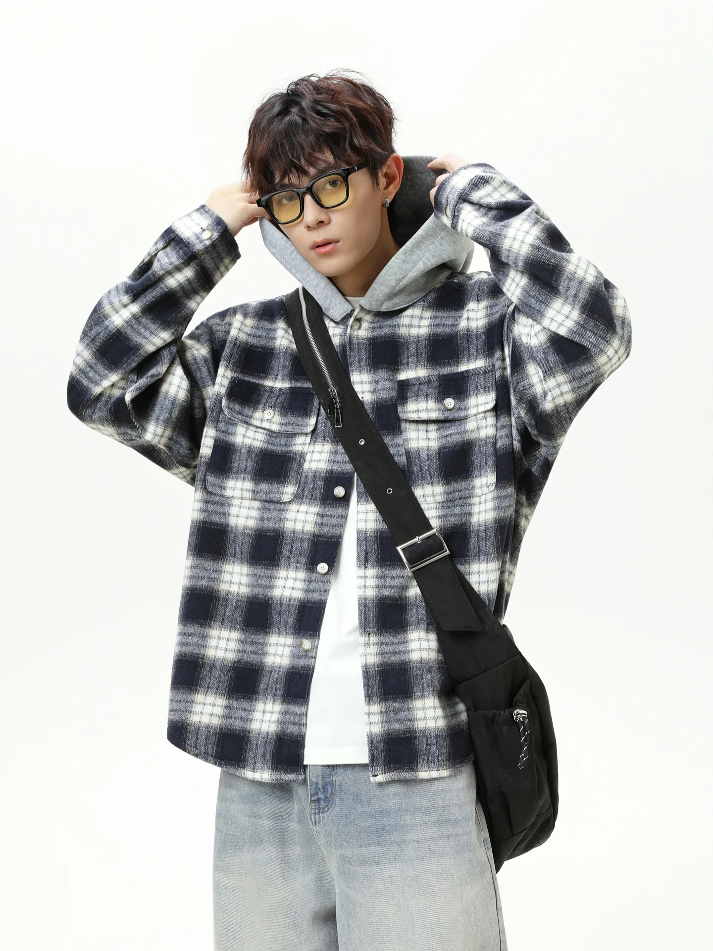 

American Retro Woolen Plaid Hooded Jaet Loose Casual irt Coat for Men And Women Autumn Season Trendy Brand Youth Sle