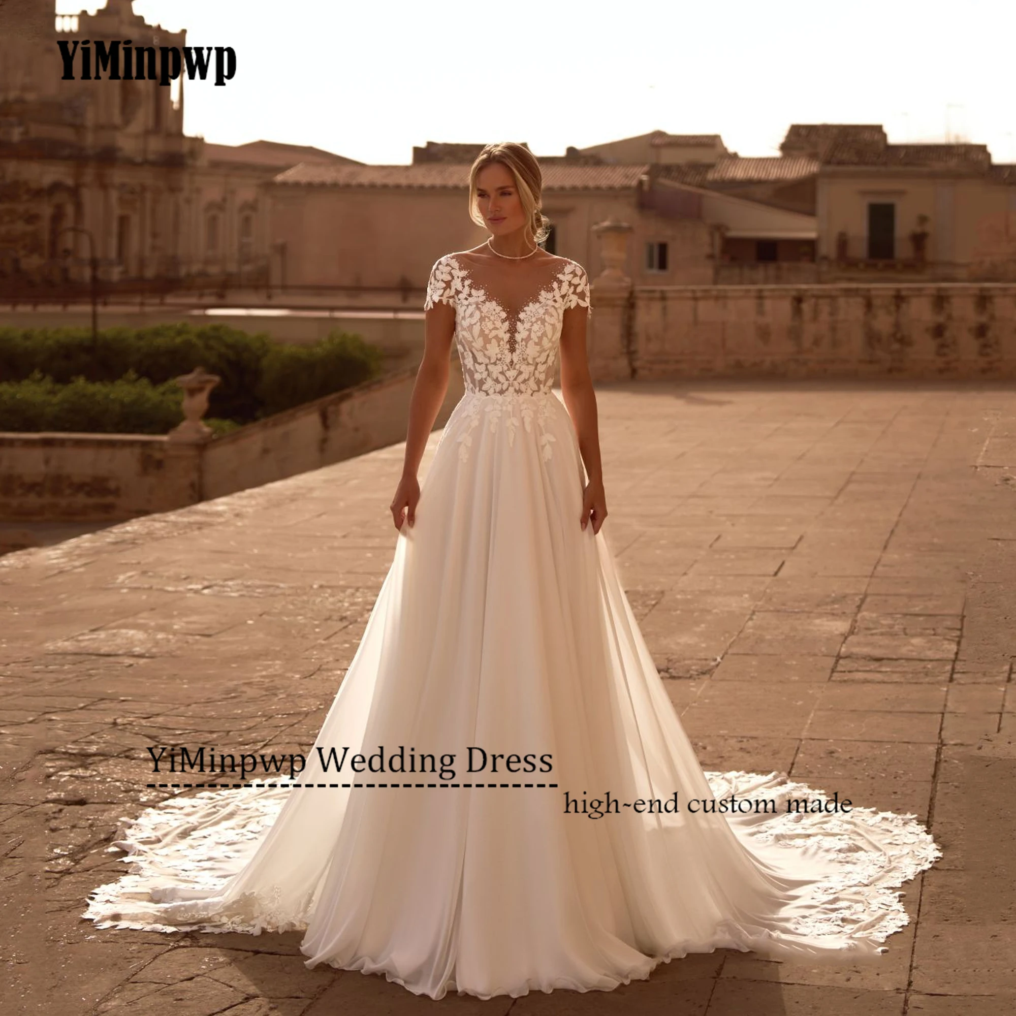 

Customized Backless Applique Boho Wedding Dress 2025 Women Short Sleeve Scoop Lace Beaded Bride Gowns Chiffon vestidos de novia