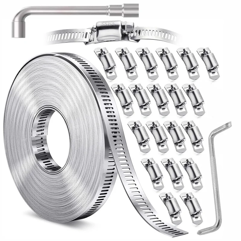 50ft Adjustable Hose Clamp Kit with 20 Fasteners And Tools Rust-Proof Turbine-Driven Belt for Fuel Lines Gardening