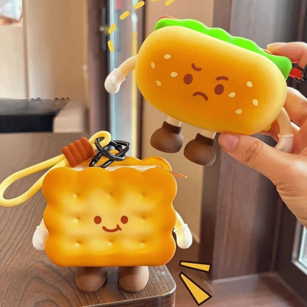Monedero de pan de dibujos animados de silicona suave, serie de té de la tarde, bolsa portátil para llaves con cremallera y mango, colgante de cuerda, bonita funda para auriculares