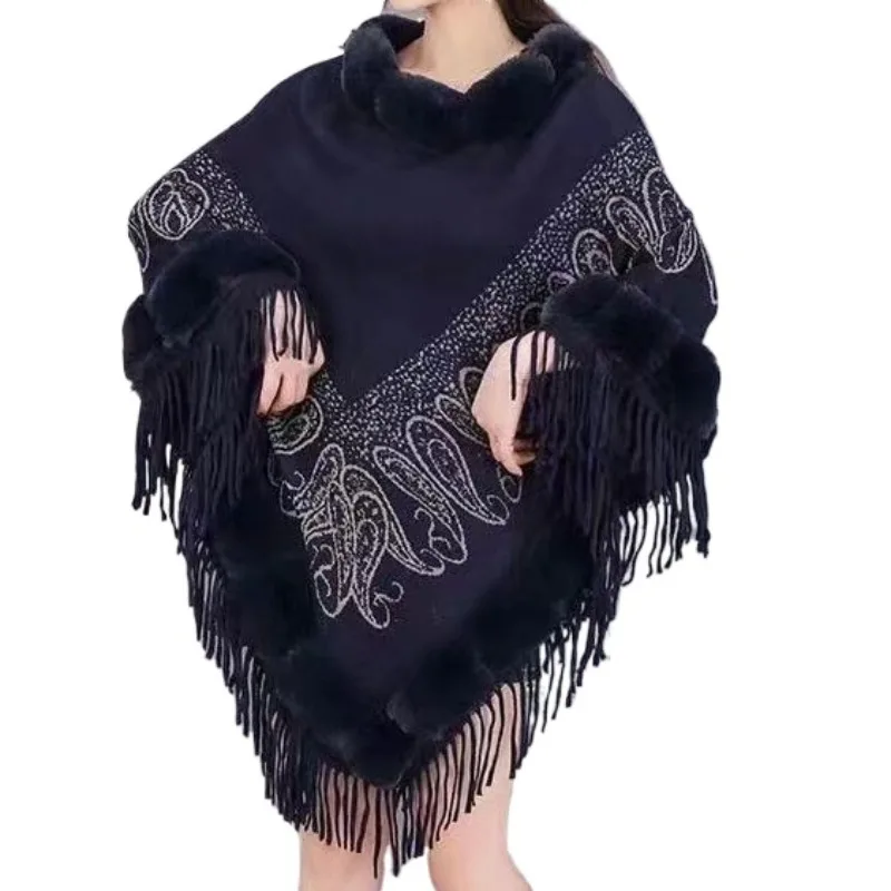 Fringed Shawl Jacket Female Autumn 2024 New Shawl Coat Knitted cape dress women Splicing Faux Fur Coat Parka capas y ponchos