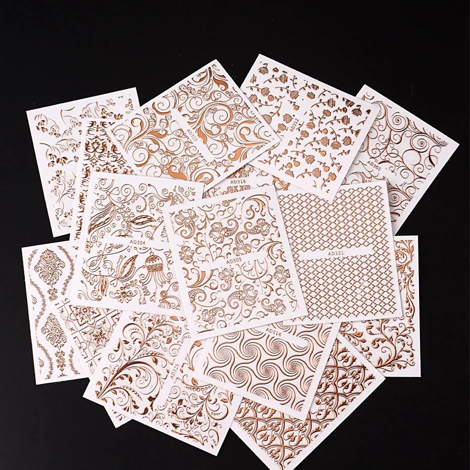 26 قطعة زهرة ذهبية وردية عتيقة ثلاثية الأبعاد مسمار الفن ملصقات مجموعة جوفاء الدانتيل Foral الكرمة تصميم ذاتية اللصق المنزلق مسمار الفن الديكور