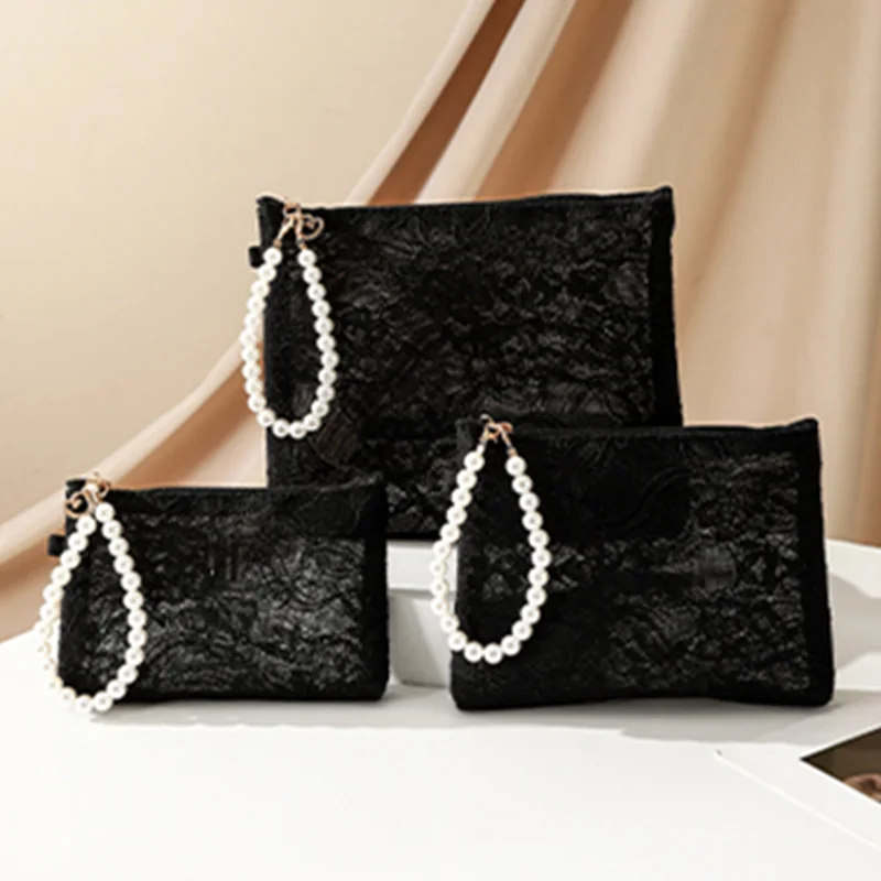 Kleine Make-up-Tasche mit Spitzenblume und Perlenkette, Damen-Kosmetiktasche, Reiseveranstalter, Handtasche, tragbare Telefonschlüssel, Münzgeldbörse
