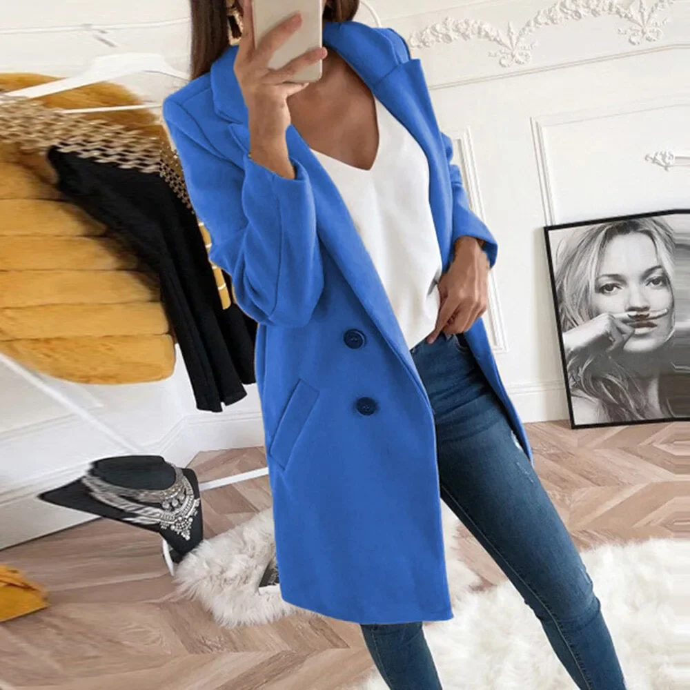 Spring and Autumn Winter Simple and Casual European and American Pure Color Medium To Long Button Long Sleeve Coat for Women