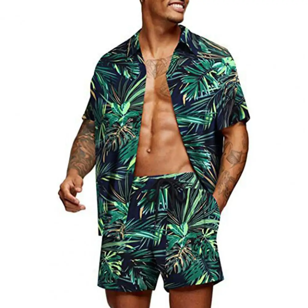 

Men Hawaiian Sets Summer Feather Printing Short Sleeve Button Shirt Beach Shorts Two Set Casual Trip Outfit Mens 2 Piece Suit