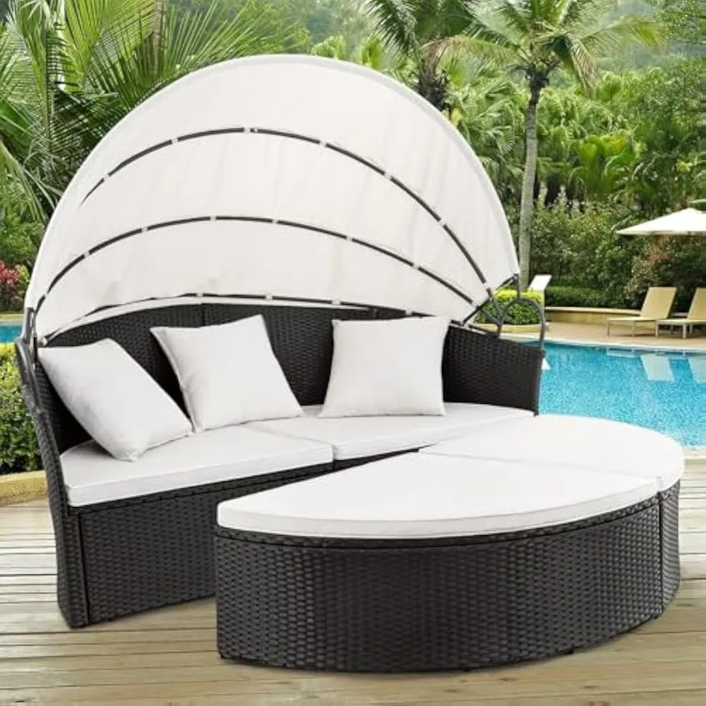 

NEW Patio Furniture Outdoor Round Daybed with Retractable Canopy Wicker Rattan Separated Seating Sectional Sofa