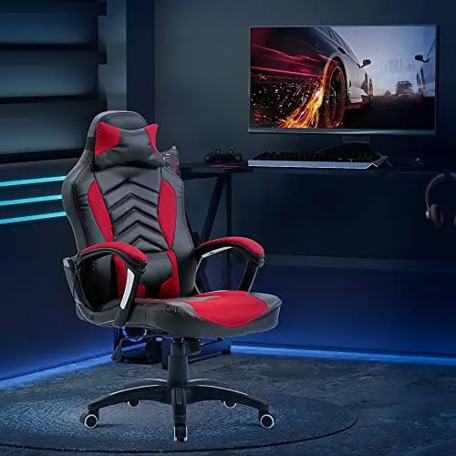 6 Vibrating Point Massage Computer Gaming Chair 5 Modes, Racing Style Heated Desk Chair Swivel Rolling Chair with Headrest, Red/