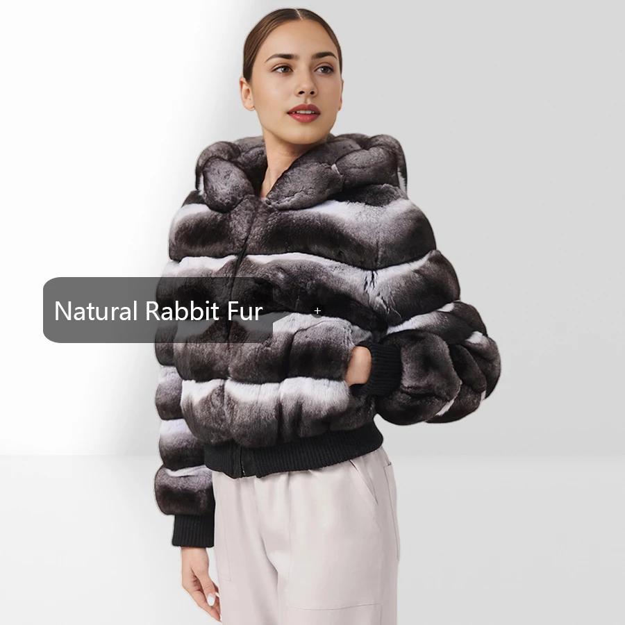 Echte Rex Kaninchen Pelz Jacke Mit Kapuze Winter Bomber Jacke Frauen Chinchilla Farbige Outwear Mode Kurzen Natürlichen Pelzmantel