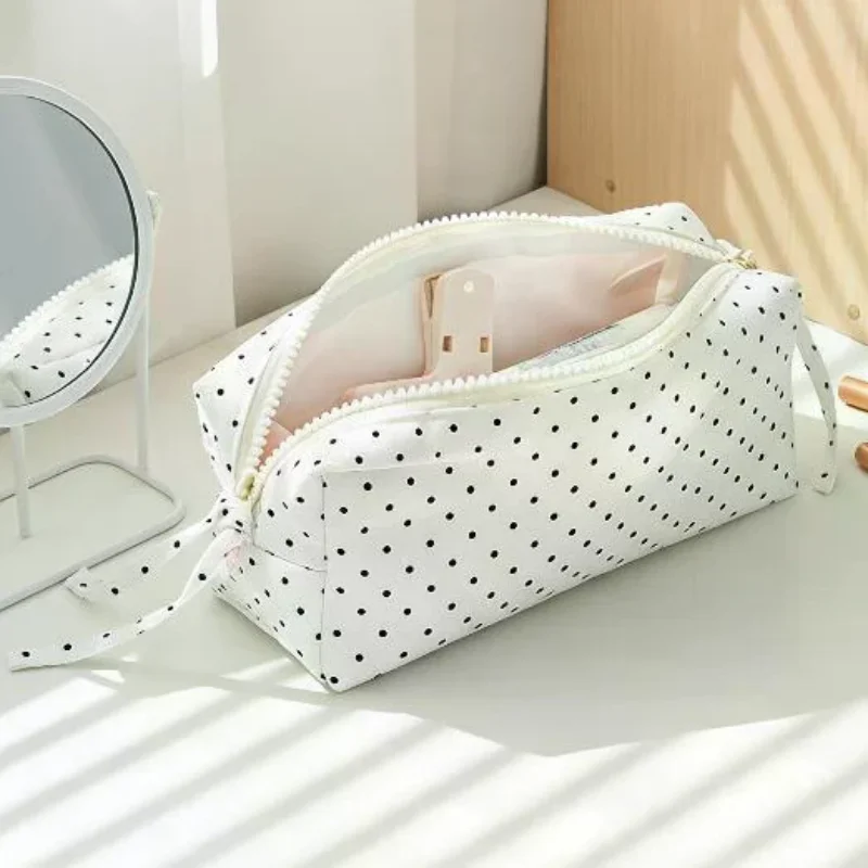 Cute  Polka Dot Pencil Bag Large Capacity Student Pencil Box Makeup Storage Stationery