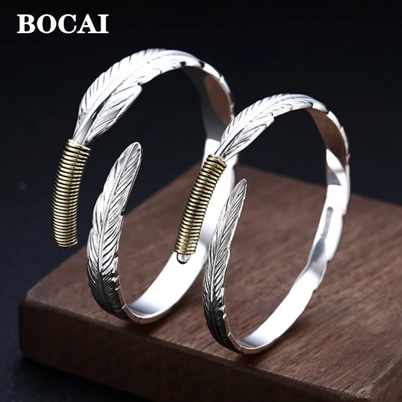 

BOCAI New Real S999 Pure Silver Jewelry Feather Open Bracelet Fashion Trend Men's and Women's Bracelets