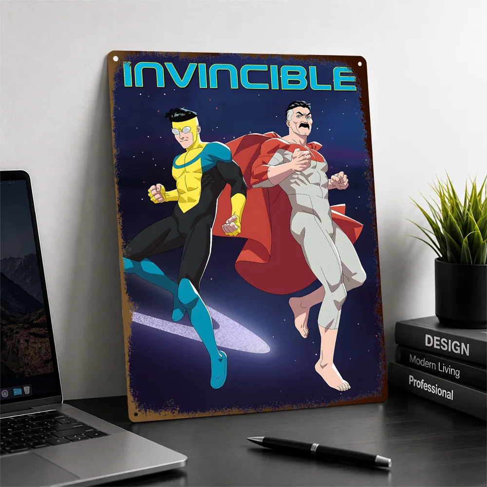 Invincible Heroes In Space Printed Poster Personalized Aluminum Metal Sign Cosmic Screen Style Wall Art Enhances Cinema Lounge