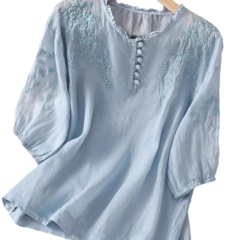 تي شيرت رامي بأكمام قصيرة للسيدات من الصناعة الثقيلة المطرزة بالدانتيل الرقيق من القطن والكتان #4