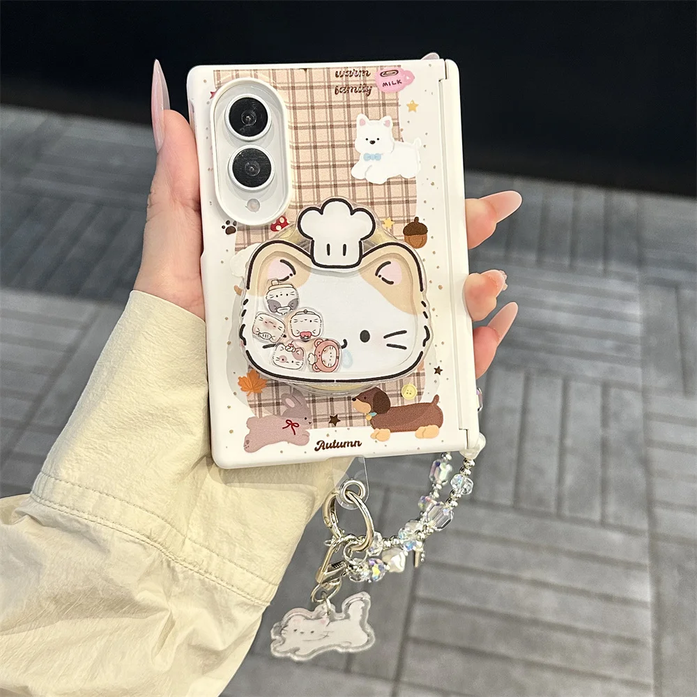 Cute Grid Cartoon Animal Phone Case For Samsung Galaxy Z Fold8 Shake Shake Cat Pop‑Up Stand Crystal Protection Shockproof Cover
