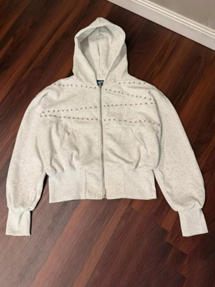 Modischer dunkelgrauer Zip-Hoodie für Damen, schick gewaschen, mit Metallnieten-Verzierung, langärmelige Kapuzenjacke, Herbst, Damen-Streetwear für den Alltag 2026 – Detail 11