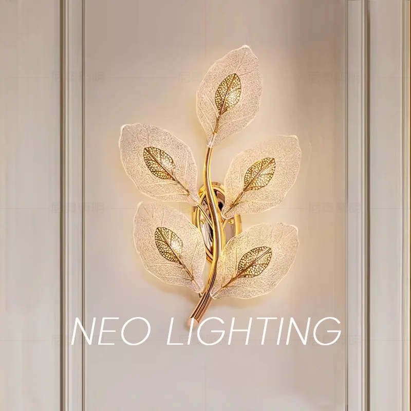 

French Light Luxury Glass Texture Leaf Wall Light Modern Lamp for Living Room TV Background Hotel Hallway Bedroom Bedside