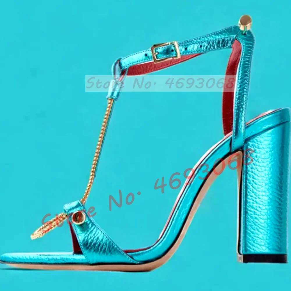 

Blue Metallic Leather Metal Nail Heels Sandals Women Luxury Gold Cross Strap Chunky High Heels Female Summer Party T Strap Shoes
