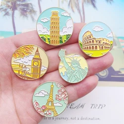 Cartoon Travel Scenery World Architecture Round Enamel Pins Clouds Leaves Tower Tall Building Alloy Brooch Badge Jewelry Gift