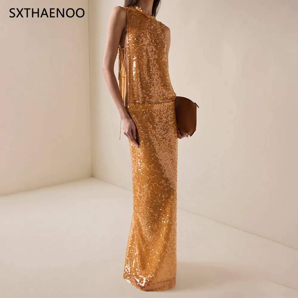 SXTHAENOO فساتين طويلة بدون أكمام ترتر ذهبي براقة فستان رسمي متألق للحفلات والسجادة الحمراء ملابس نسائية أنيقة 2025 #3